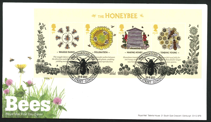 2015 Bees Miniature Sheet First Day Cover, Wax Chandlers Hall London Postmark - Click Image to Close